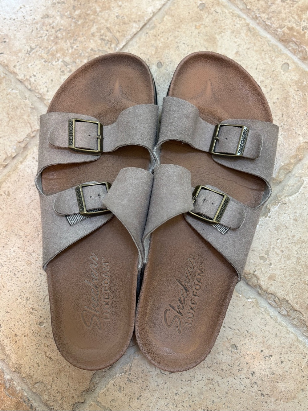 Skechers Women’s Taupe Suede Double-Buckle Slide Sandals